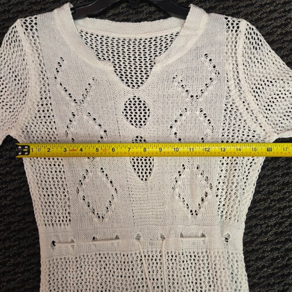 Womens One Size White Crochet Knit Fishnet Boho Beach Coverup Dress Mini Flare - Picture 5 of 7